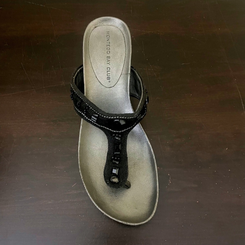 Montego Bay Club Womens 6.5 Beaded Wedge Thong Sandals Pewter Metallic 62187 - Picture 4 of 9